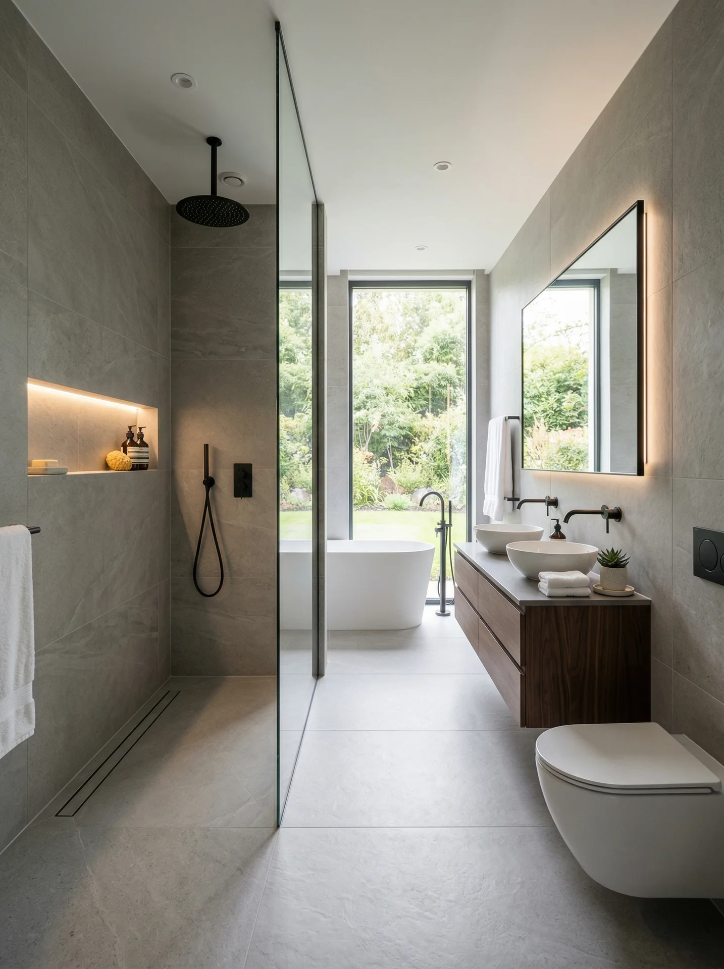 Salle de bain haut de gamme avec carrelage clair